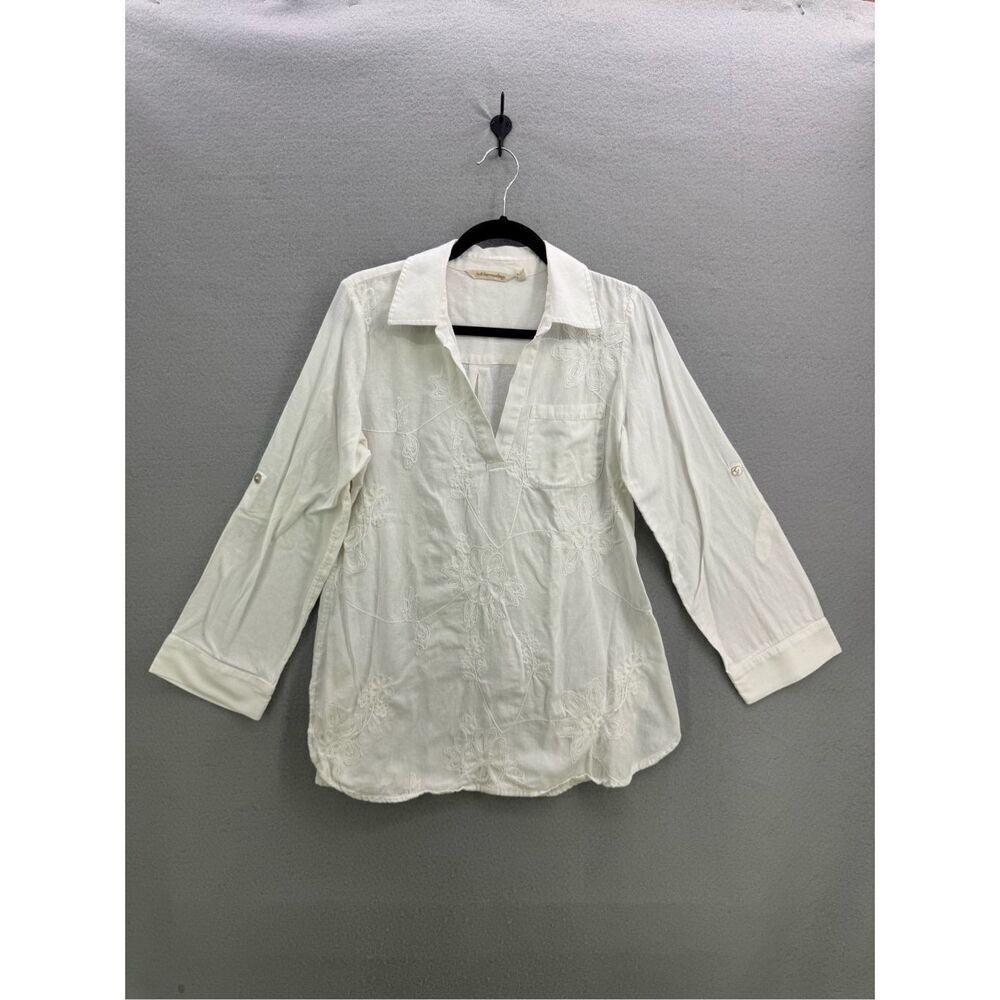 Soft Surroundings Womens White Long Sleeve Embroidered Tunic Shirt Size Medium